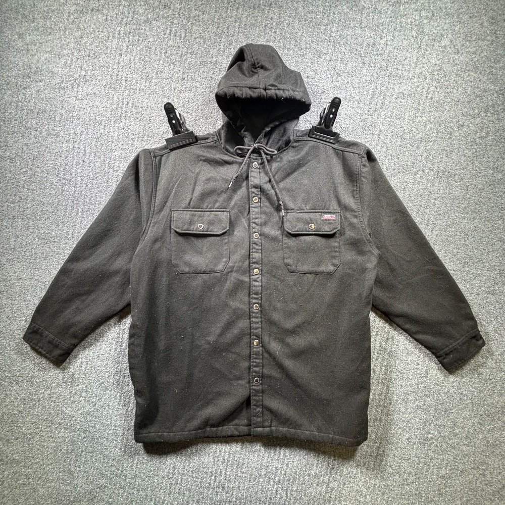 Dickies Flannel Work Shirt Jacket Mens 2XL Black Fleece Lined Snap Front Hooded
